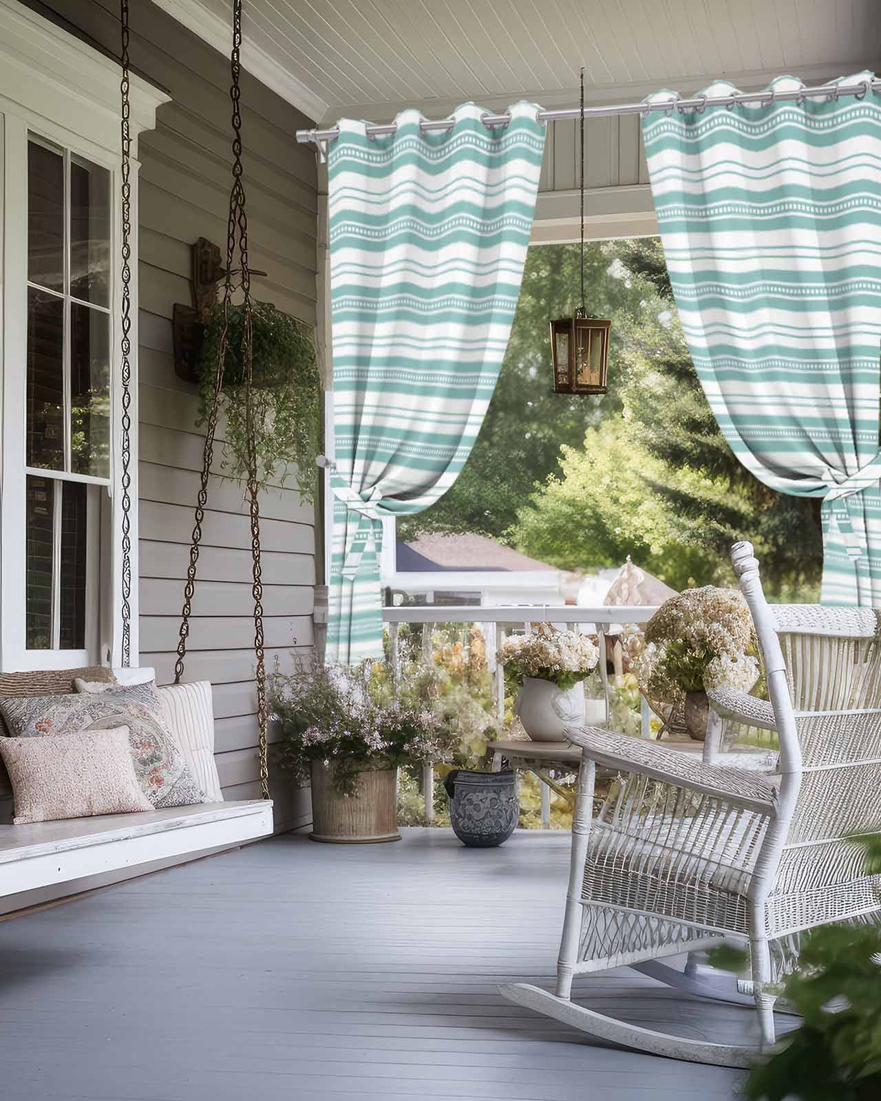 nqOlkjepod Outdoor Curtains for Patio Waterproof, Boho Turquoise Stripe Outdoor Privacy Panels Grommet, Abstract Geometric White Minimalist Blackout Outside Curtains for Porch 54"x108", 2 Panels