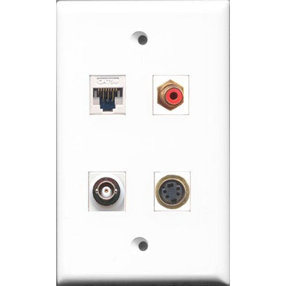 RiteAV 1 Port RCA Red and 1 Port S-Video and 1 Port BNC and 1 Port Cat5e Ethernet White Wall Plate