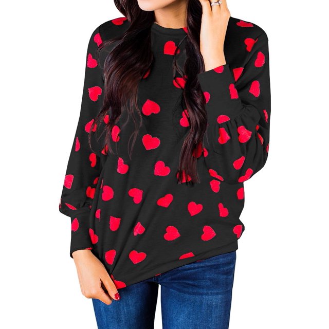 Ivay Womens Heart Printed Long Sleeve Tops Tee Shirts (Large, Red Rose)