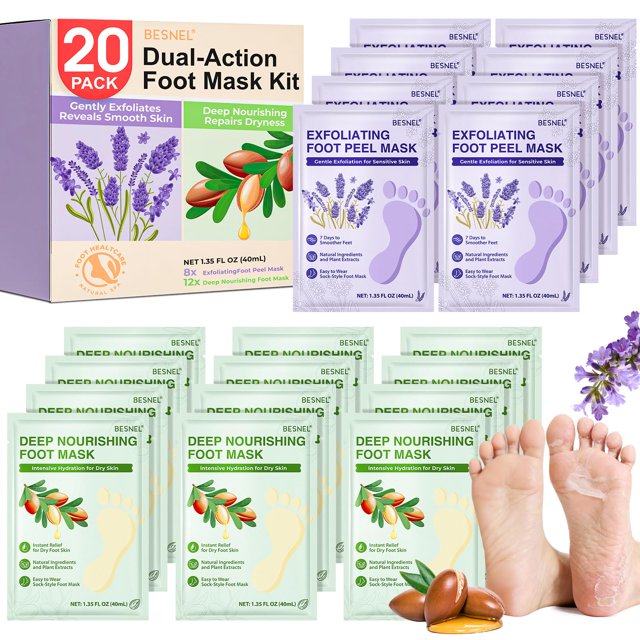 Set de mascarillas hidratantes y exfoliantes para pies, 8 unidades, 12 piezas, BESNEL