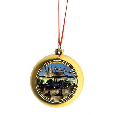 - Santa Klaus and Sleigh Riding Over The Prague Castle, Praha Czech Republic Bauble Christmas Ornaments Gold Bauble Tree Xmas Balls