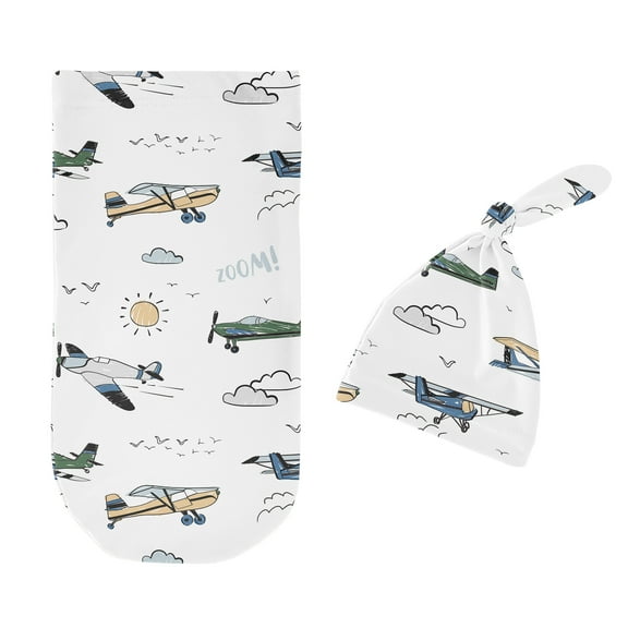 Sweet Jojo Designs Airplane Green and Blue Boy Baby Cocoon and Beanie Hat Sleep Sack Set 2 Piece