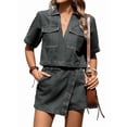 thumbnail image 3 of Women'S Denim 2 Piece Outfits Summer Lapel V Neck Crop Top Jean Skirt Shorts Set with Pockets Black & Gray Suit L, 3 of 9