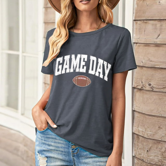 Karight Football Shirts for Women Game Day T Shirts Football Outfits Funny Graphic Tee Casual Short Sleeve Tee Shirts