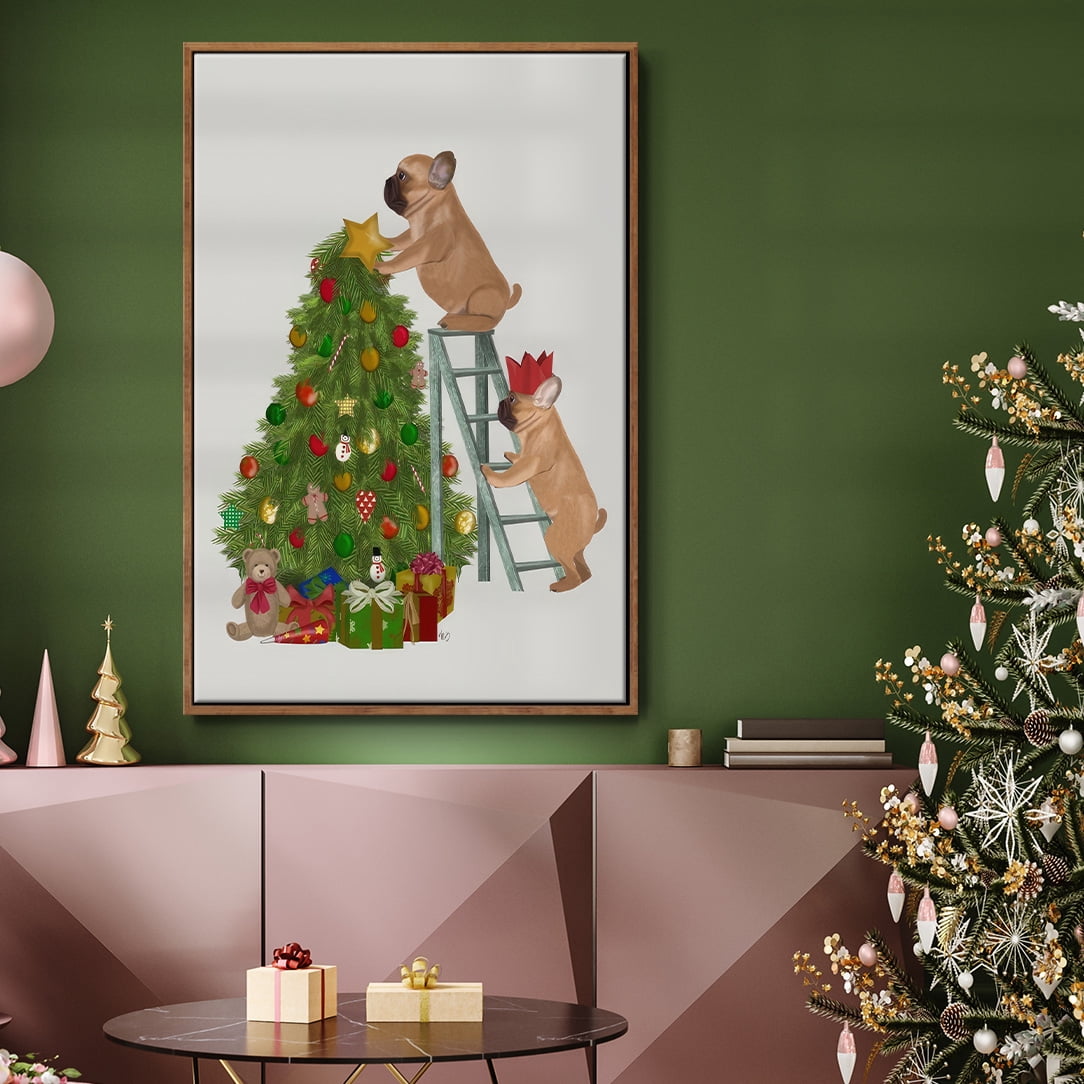 Christmas French Bulldog Tree Ladder - Framed Gallery Wrapped Holiday Canvas - 25 x 37 - Rosewood Frame