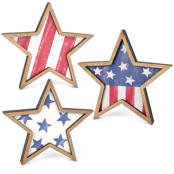 4th of July Decorations Wooden Stars, Patriotic Memorial Day Star Tiered Tray Decor Set of 3, Fourth of July Red White Blue Decoration for Home Office Table Shelf