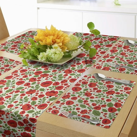 

Poppy Flower Table Runner & Placemats Abstract Floral Arrangement Doodle Style Petals and Leaves Classic Retro Set for Dining Table Placemat 4 pcs + Runner 12 x72 Green Red Beige by Ambesonne