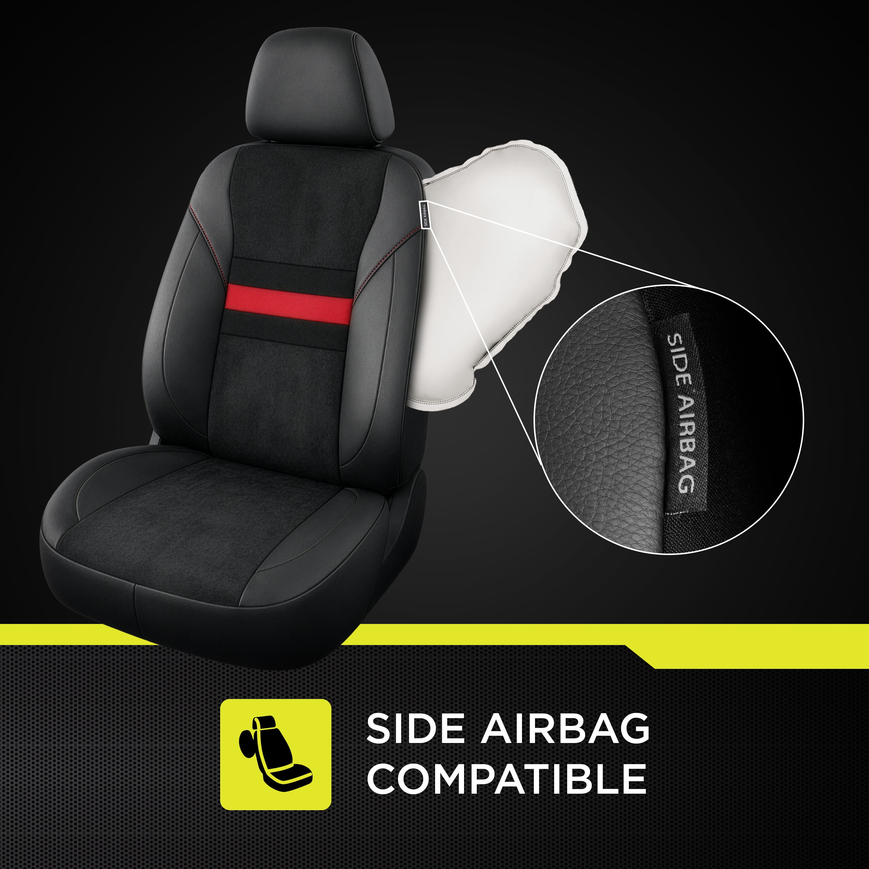 Auto Drive Seat Covers 2 Pack, Sport Front Seat Faux Leather Suede for Cars, SUVs, CUVs - Black Red Stripe