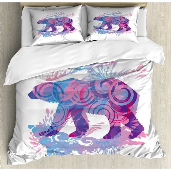 Bear Duvet Cover Set, Abstract Silhouette with Swirls Color Splashes Fantasy Display, Decorative 3 Piece Bedding Set with 2 Pillow Shams, King Size, Pale Pink Blue Purple, by Ambesonne