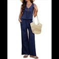 thumbnail image 2 of Conjunto de 2 Piezas para Mujer, Chaleco con Cuello en V y Cintura Anudada, Pantalones Casuales de Pierna , Azul Marino, L, 2 of 9