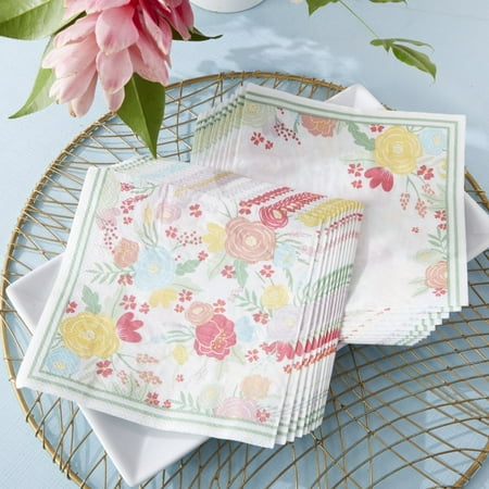 Kate Aspen Decorative Paper Napkins - Set of 60 - 6.5 Inch Durable Disposable Serveware, Easy Cleanup for Birthday, Wedding, Bridal Shower, Baby Shower, Anniversary Party (Bulk) - Garden Blooms