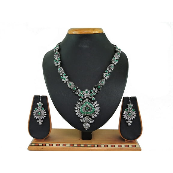 Parshwa Creations Indian Women's Silver Plated Bollywood Fashion Jewelry Choker Set, Rhinestone Stud Prom Party Accessories Wedding Bride Earrings Necklace Set,Gift For Her Jewelry