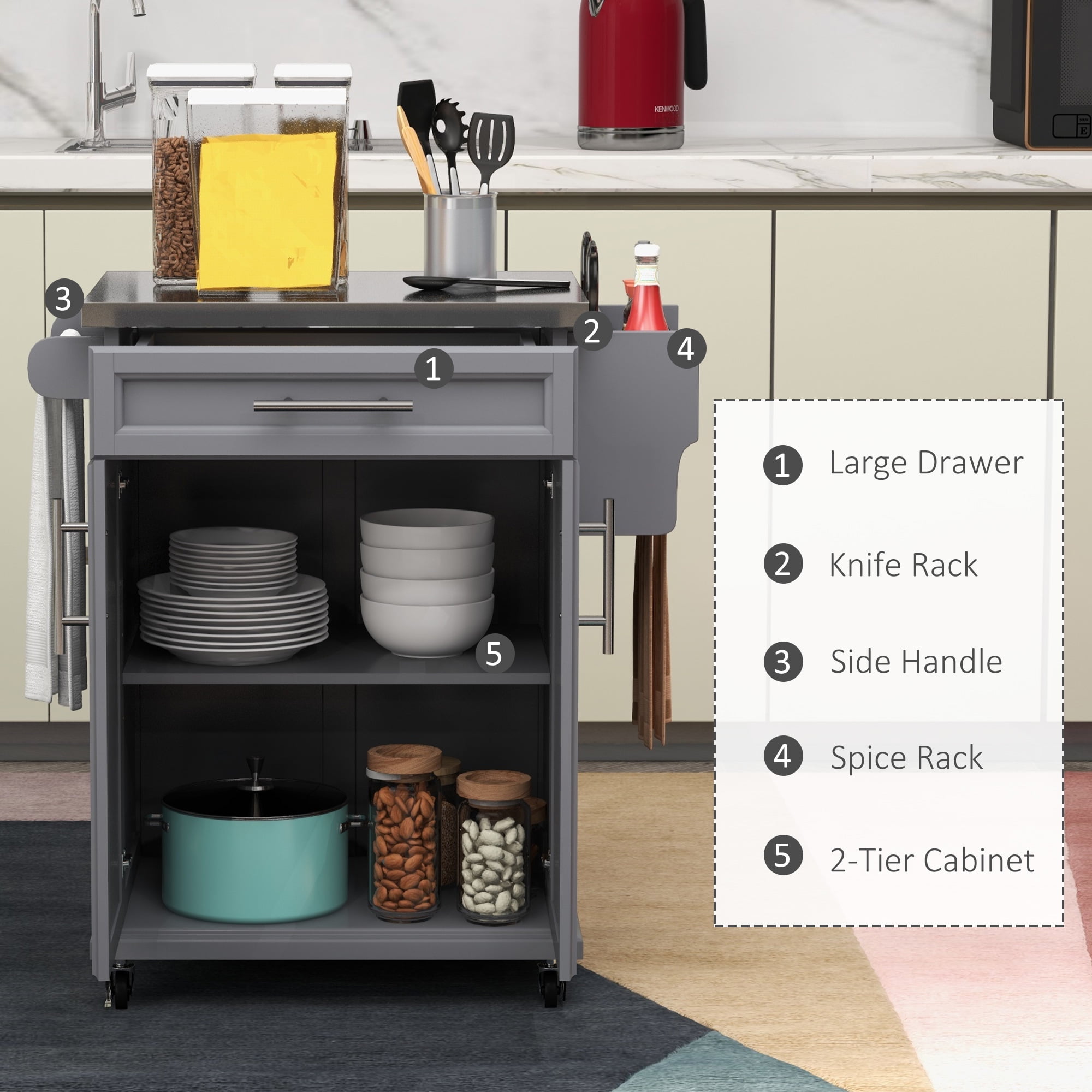 HOMCOM Rolling Kitchen Island on Wheels with Drawer, Spice Rack, Gray