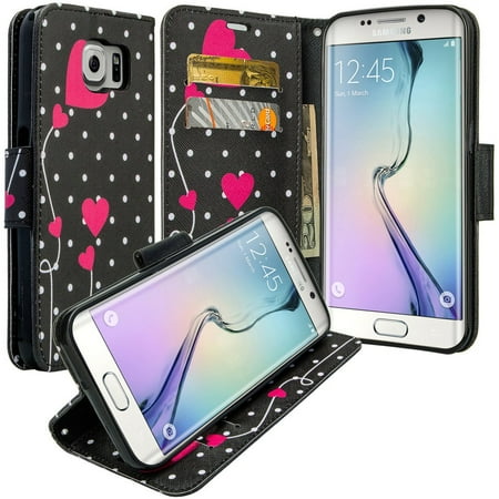 Polka Dot Leather Portfolio Galaxy S6 Edge Plus Case, Slim Magnetic Flip Kickstand Wrist Strap Leather Wallet Cover - Polka Dots Hearts ()