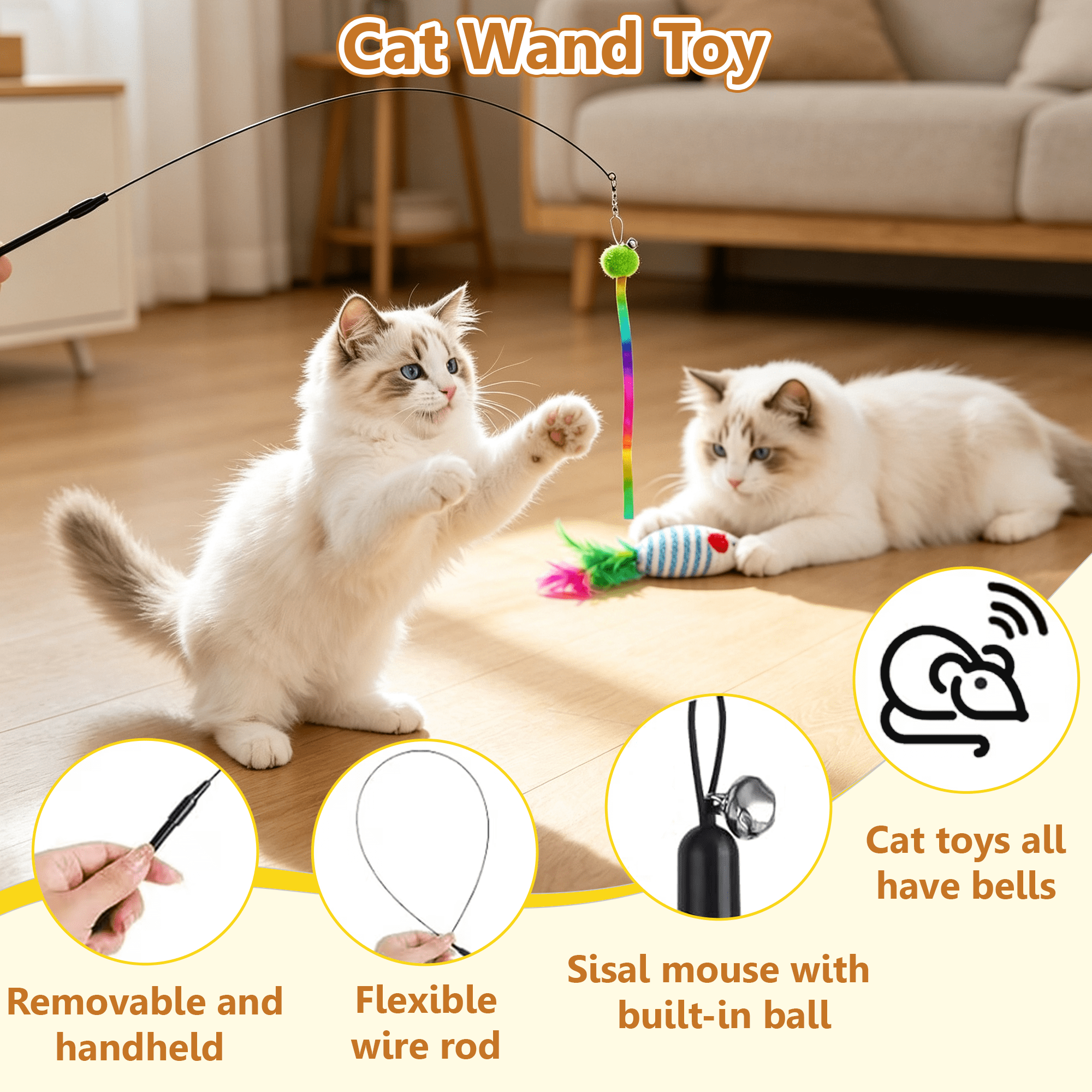 14 Pack Cat Toys for Indoor Cats, 4 in 1 Suction Cup Cat Teaser Wand Toy with Feather Butterfly Mouse Worm Refills, Interactive Hanging Kitten Play Toys