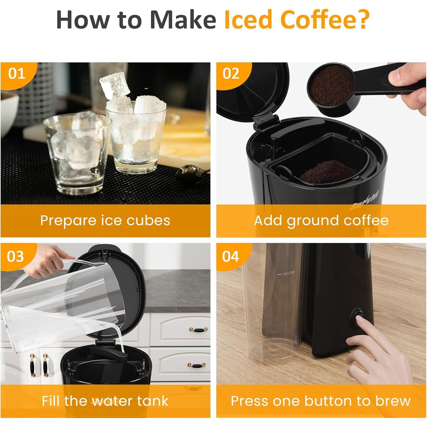 Superjoe Iced Coffee and Tea Maker with Reusable Coffee Filter and Portable 20oz Double Insulated Cups, Single Serve Machine for Home, Strength Control for Flavor, Black