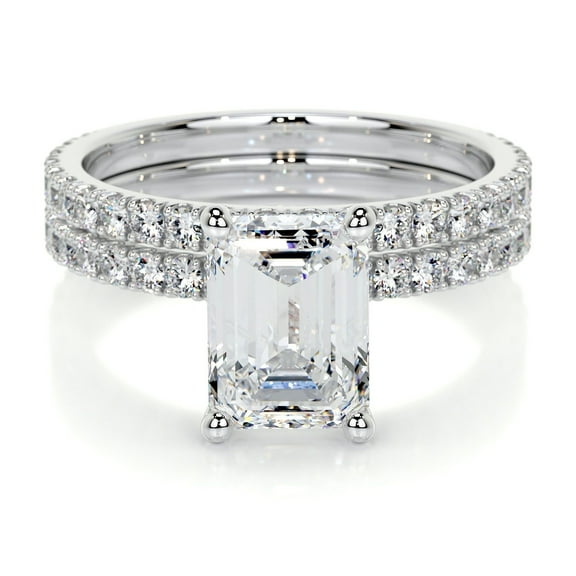 Blue Jewelry Emerald Cut 2.1 Ct Excellent Moissanite Rings - 14K White Gold Plated Moissanite Rings for Her - Eternity Style for Her - Anniversary Jewelry - Engagement Moissanite Ring Design