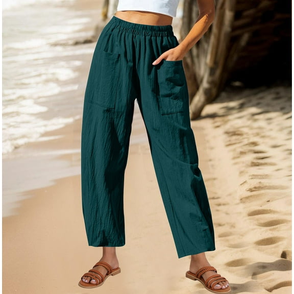 SELONE Green Pull on Pants for Women Plus Size Lounge Pants with Pockets Cotton Linen Elastic Waist Cropped Trouser Casual Beach Pants Solid Tapered Lightweight 2XL Tall Breathable Summer Clothes