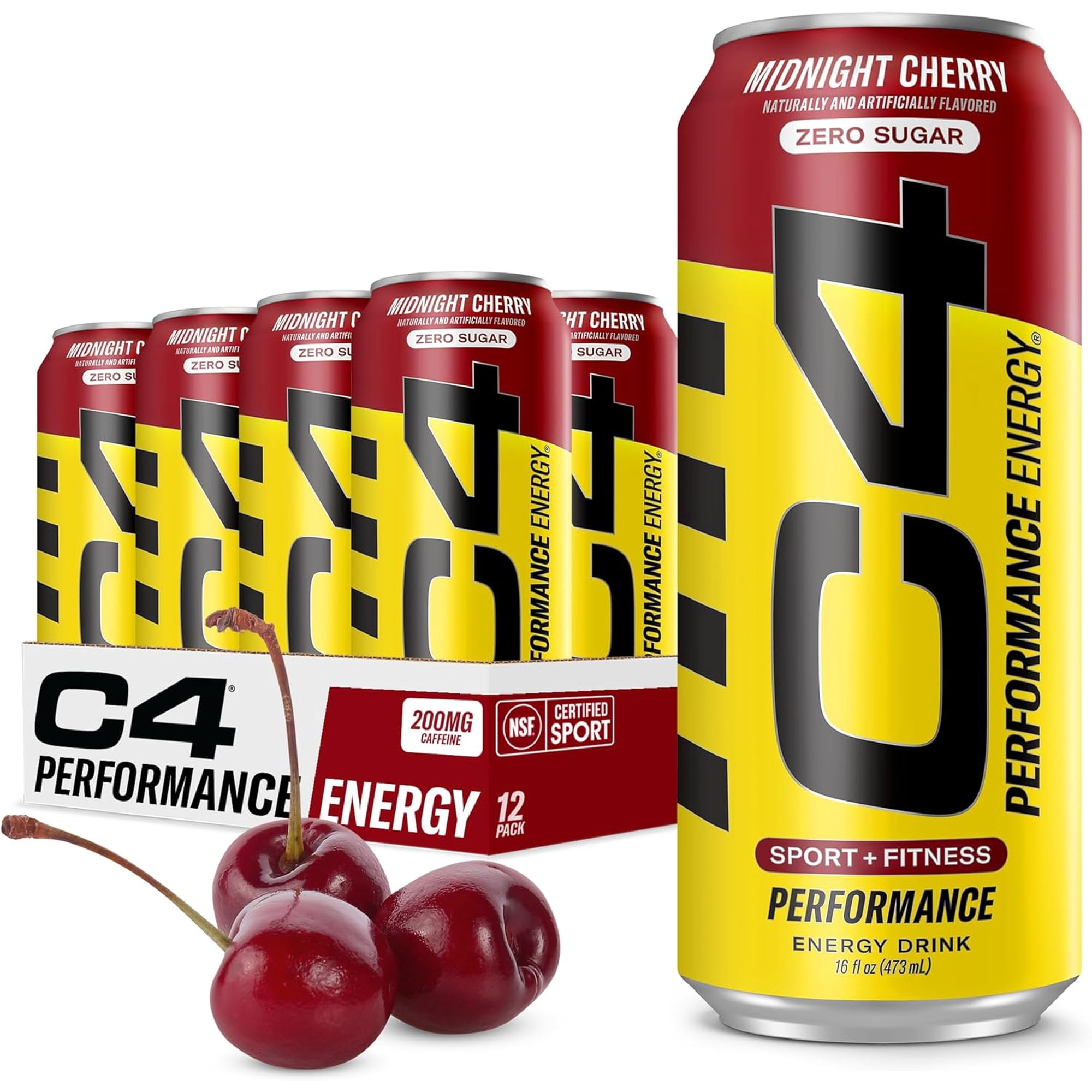C4 Performance Energy Drink, Midnight Cherry, Zero Sugar, Carbonated, 16 fl oz Can (12 Pack)