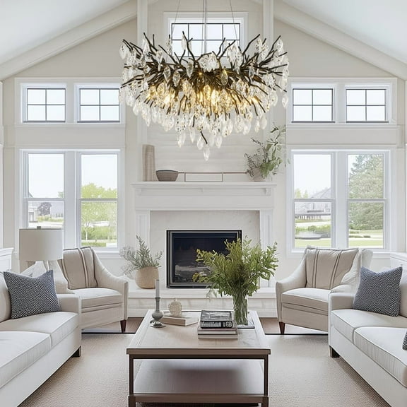 Crystal Chandelier for Dining Room, 24" Black Modern Living Room Light Fixture, Tree Branch Chandeliers with 8-Light, Round Chandelier for Dining Table, Bedroom, Entryway, Bathroom, Foyer