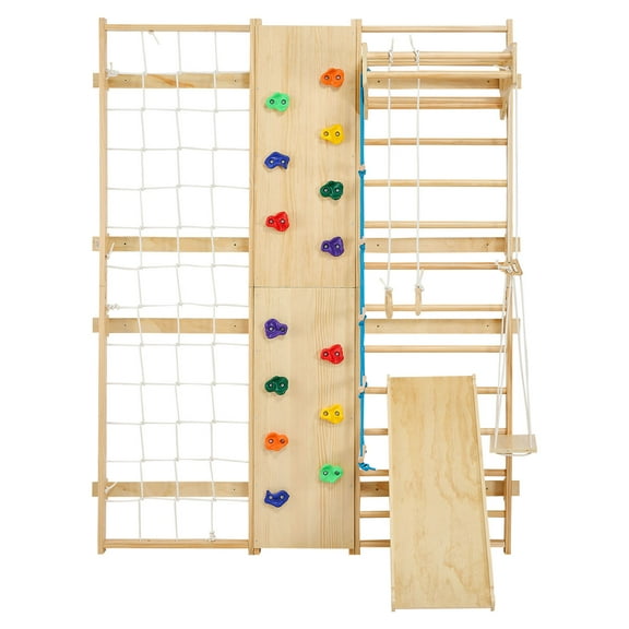 KFFKFF Swedish Ladder Wall Gym, 9-in-1 Adjustable Wooden Gymnastic Stall Bars for Kids and Adults, 220LBS Indoor Fitness Station with Climbing Wall, Rings, Pull-Up Bar, Slide, Swing, and More