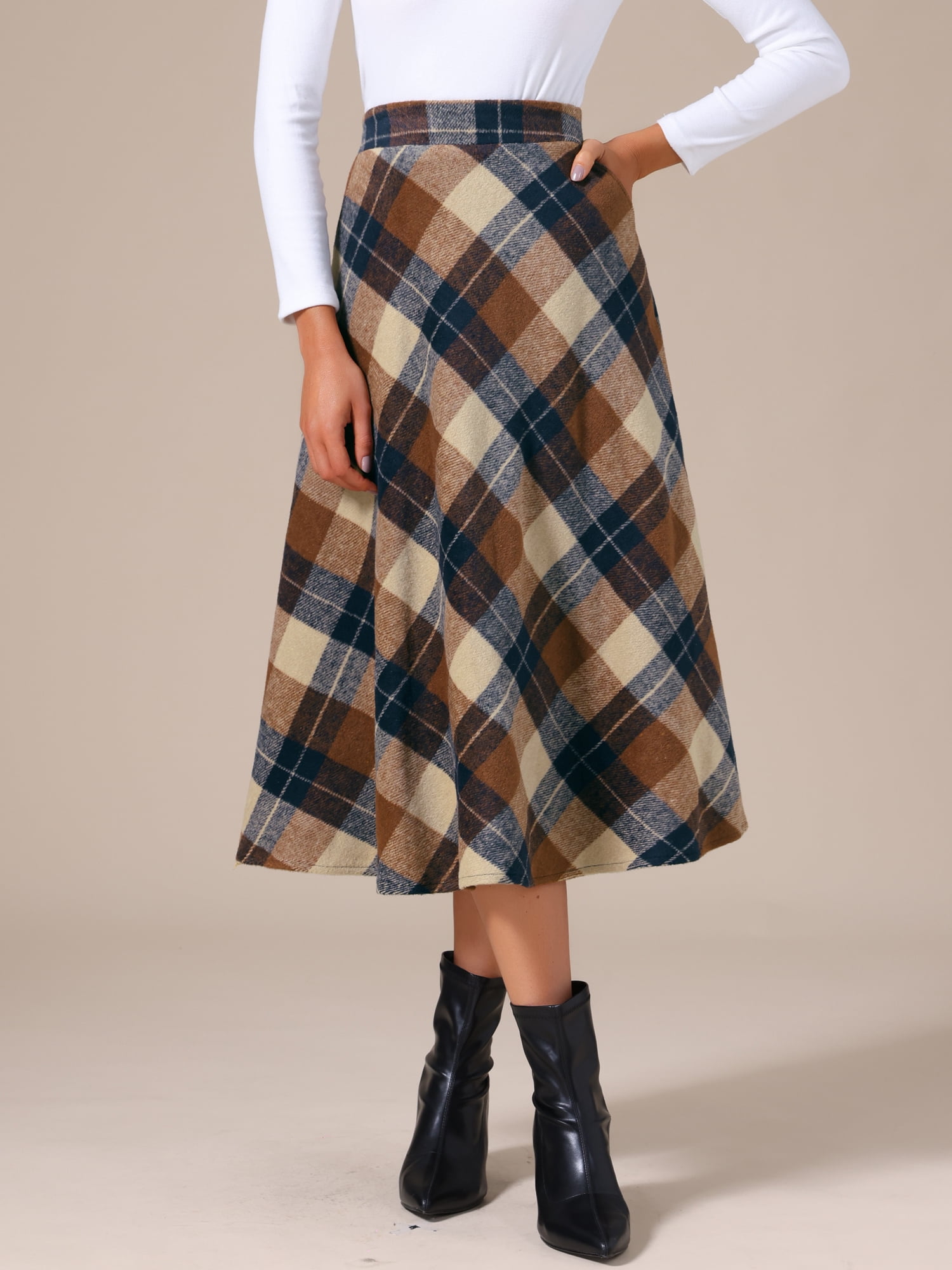 DARING DIVA Women's Vintage Plaid A-Line Work Long Maxi Skirt Large Khaki