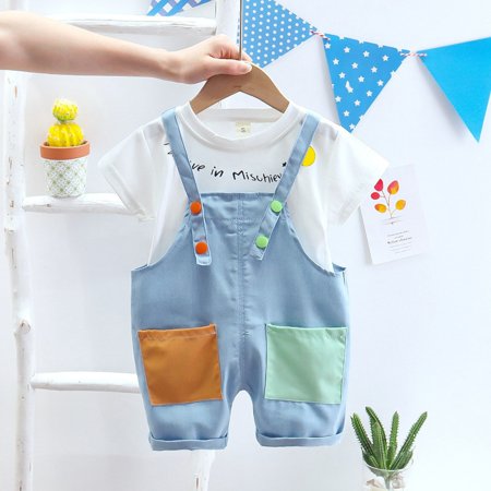 

pop seller Boys Summer Short Sleeved Shorts Denim Straps Pants Set Patch