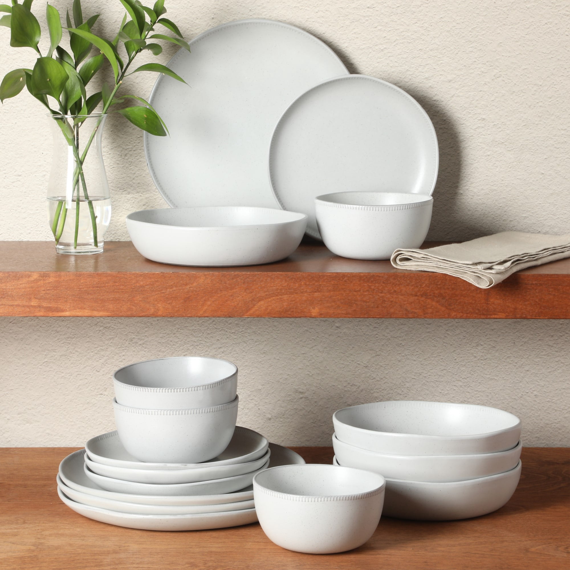 Gibson Elite Menlo Park 16-Piece Pottery Clay Stoneware Dinnerware Set – White Reactive Glaze, Embossed Plates and Bowls W/ Pasta Bowl, Service for 4 – Microwave & Dishwasher Safe