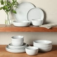 thumbnail image 6 of Gibson Elite Menlo Park 16-Piece Pottery Clay Stoneware Dinnerware Set – White Reactive Glaze, Embossed Plates and Bowls W/ Pasta Bowl, Service for 4 – Microwave & Dishwasher Safe, 6 of 14