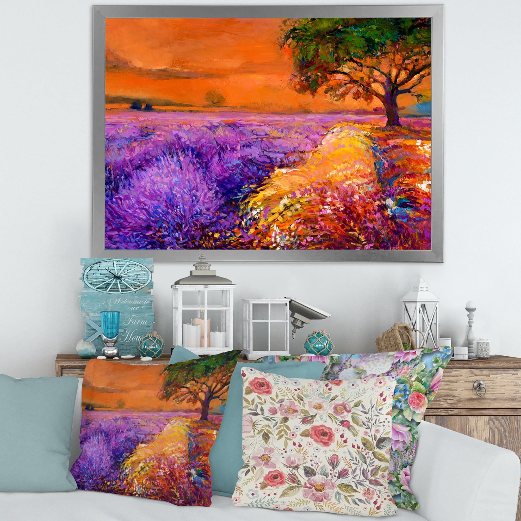 Designart 'An Orange Sunset Over Purple Lavender Fields II' Farmhouse Framed Art Print