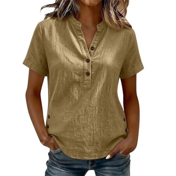 Admvng Women's Tops V Neck Side Slit Short Sleeve Breathable Casual Basic Button Shirts