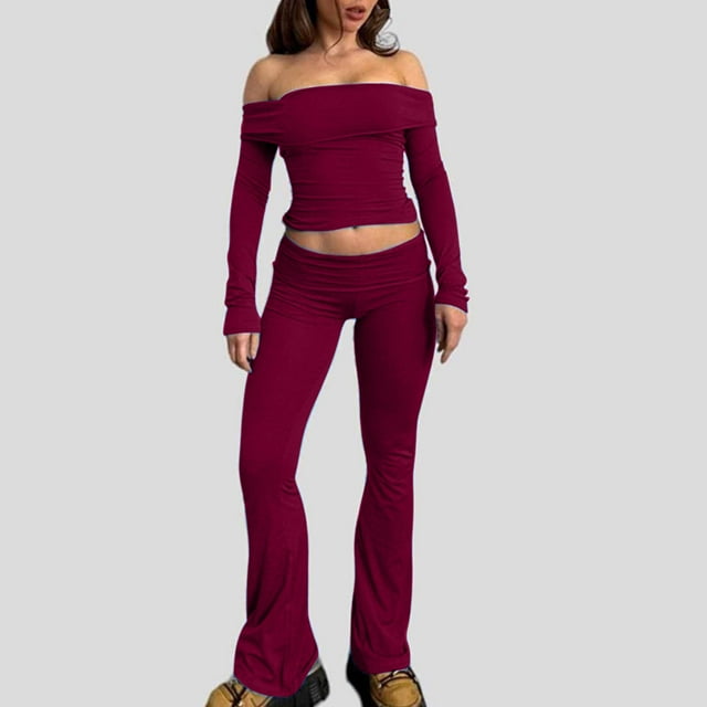 DPTALR Ensemble Détente 2 Pcs pour Femmes Taille Basse Pantalon Évasé à Revers Ensemble Haut Court Manches Courtes/longues Tenues Décontractées Pyjamas