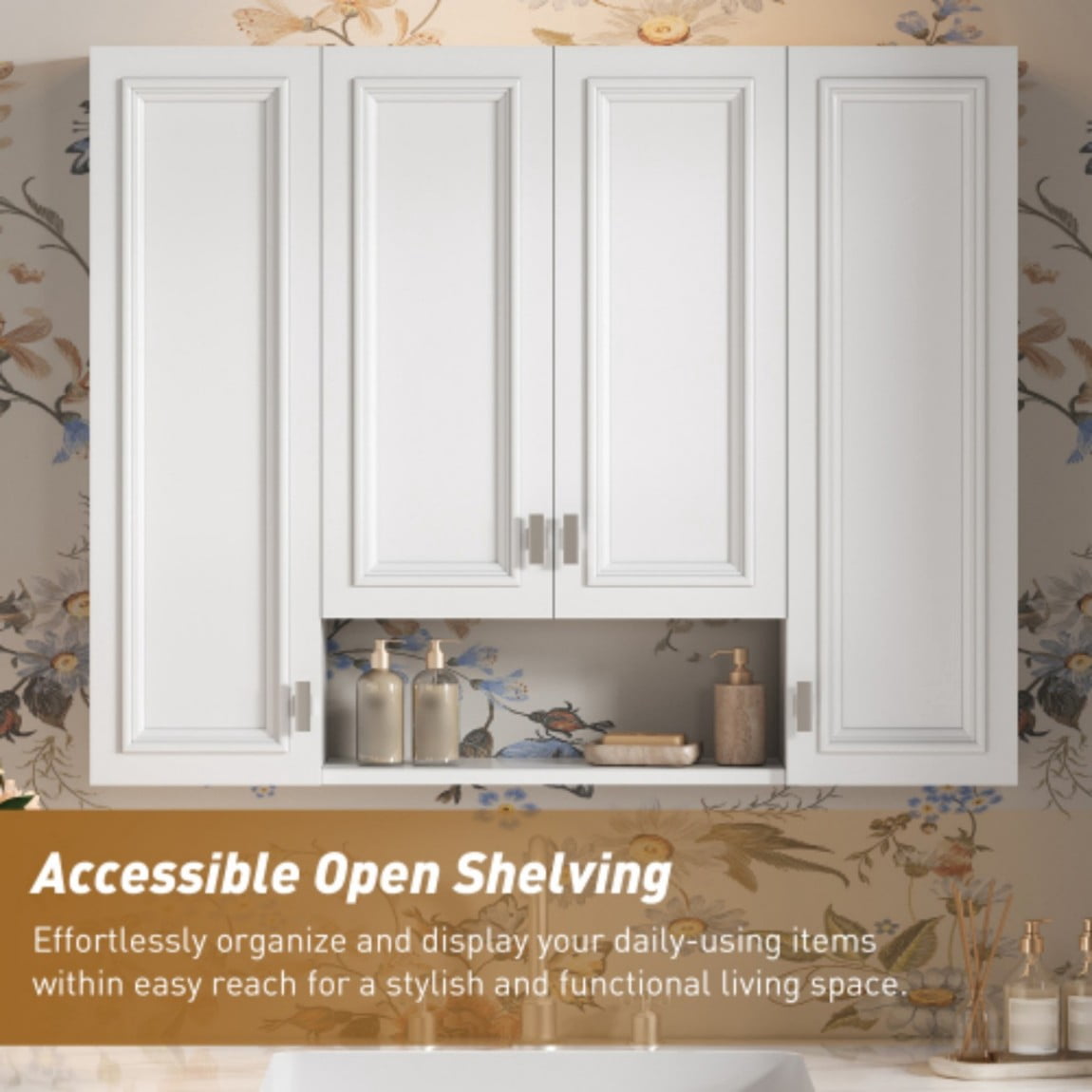 36" Wall Mounted Medicine Cabinet with 5 Adjustable Shelves, Bathroom Storage Cabinet with Open Shelving, Soft Close Hinges, Modern Bathroom Organizer, White
