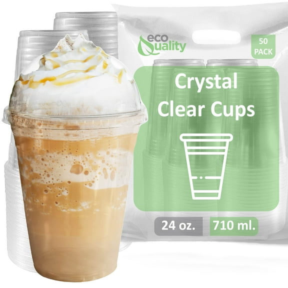 [50 Pack] 24oz Cups | Iced Coffee Go Cup and Dome Lid | Cold Smoothie | Plastic Cups with Dome Lids | Clear Plastic Disposable Pet Cup | Ideal for Coffee, Parfait, Juice, Soda, Cocktail, Party Cups