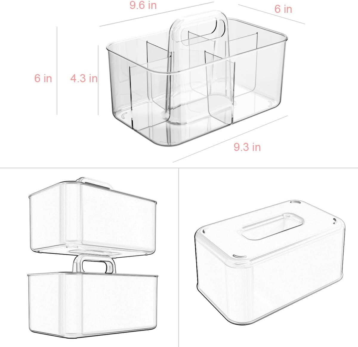 ABCISI Clear Thickened Portable Caddy Tote Box, Shower Caddy with Handle for Art Supplies, Makeup, Crafts, Pencils, Sewing, Office Supplies, 5 Compartments for Dorm, Shelf, Cabinet, Bathroom Storage