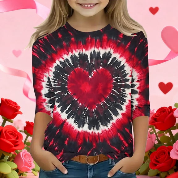 dazeni 3-12 Years Girls 3/4 Sleeve Round Neck T-Shirts Valentina's Day Spring Summer Shirts Funny Love Heart Graphic Tee Tops Red6
