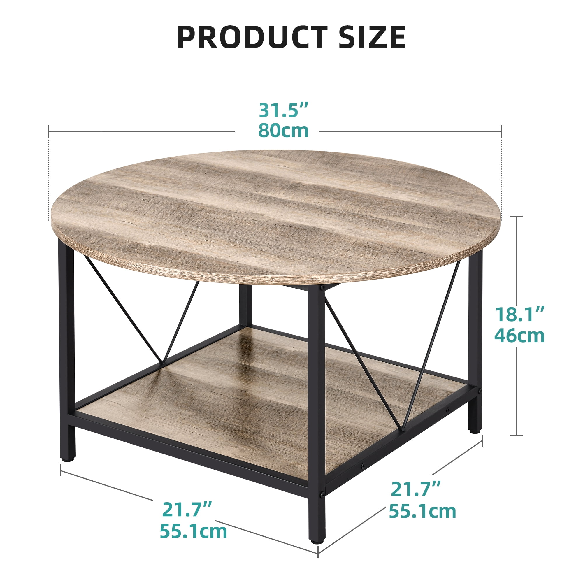 Dextrus Round Coffee Table with Storage, Rustic Living Room Tables with Sturdy Metal Legs, Gray Wash