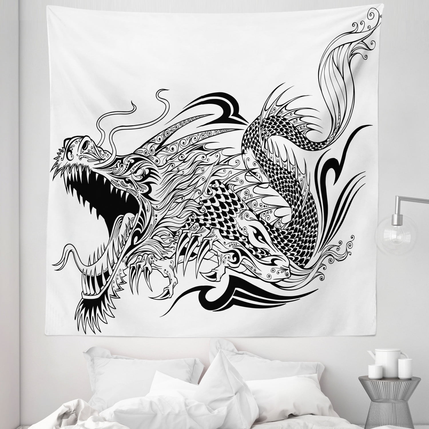 Dragon Tapestry, Tattoo Style Traditional Winged Creature with Ornamental  Pattern, Fabric Wall Hanging Decor for Bedroom Living Room Dorm, 5 Sizes, Black  White, by Ambesonne - Walmart.com, image size:1500x1500