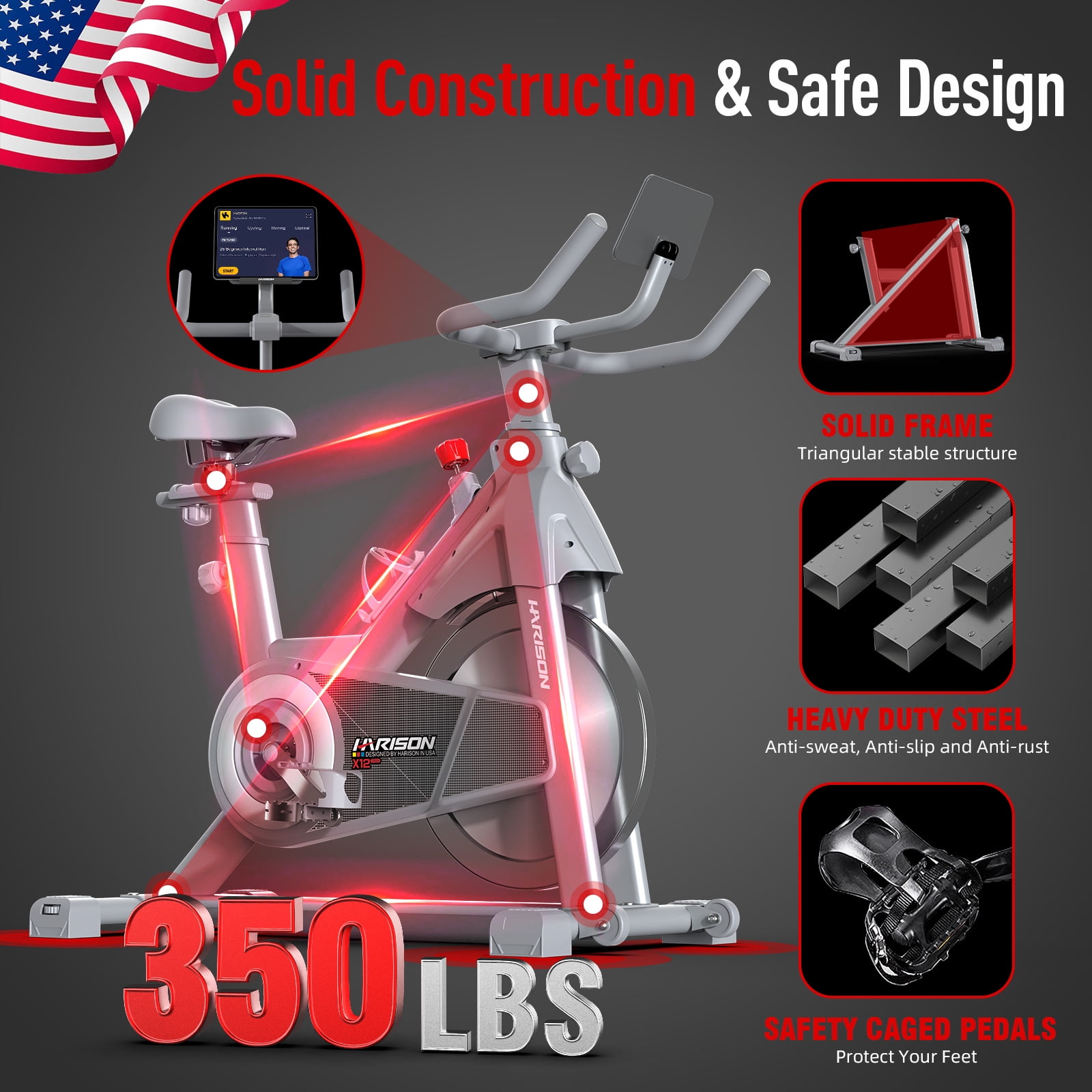 HARISON Semi-Commercial Exercise Bike, Silent Magnetic Stationary Bike for Home Gym with Tablet Mount and Comfortable Seat Cushion, 350 LBS Weight Capacity Workout Bike