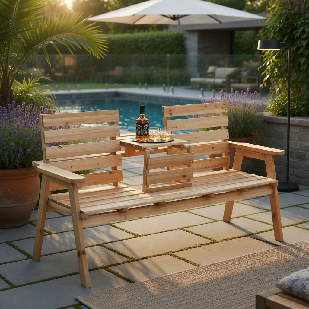 Hommoo Outdoor Folding Fir Wood Patio Bench with Built-in Center Table, Rustic Garden Seating for Backyard, Porch, or Deck, Natural