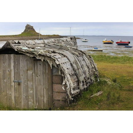 Upturned Weathered Boat Hut with Lindisfarne Castle and Fishing Boats at Low Tide, Holy Island Print Wall Art By Eleanor