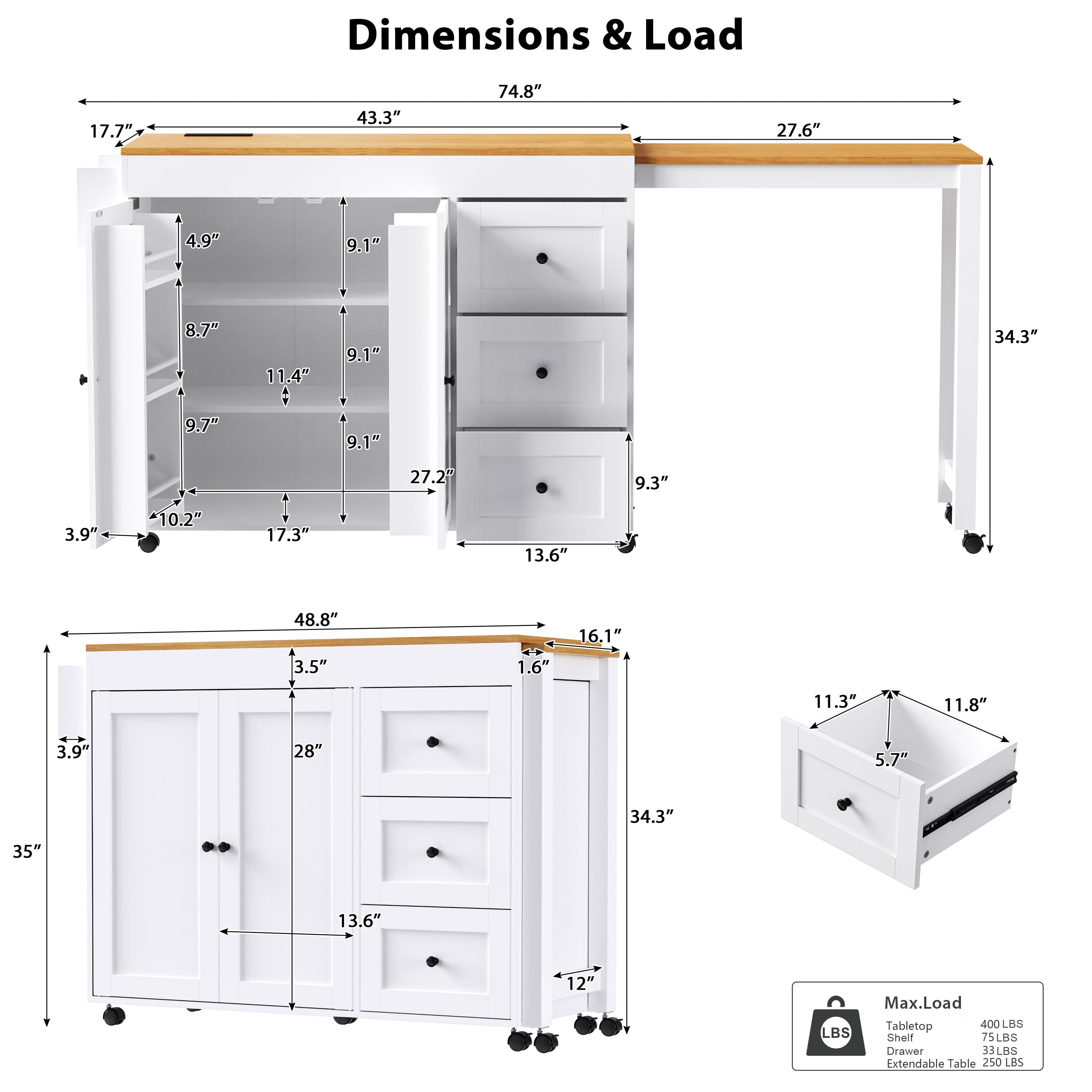 74.8-Inch Kitchen Island with Extendable Dining Table and Power Outlet, Rolling Kitchen Cart with 3 Drawers and Spice Rack for Kitchen, White