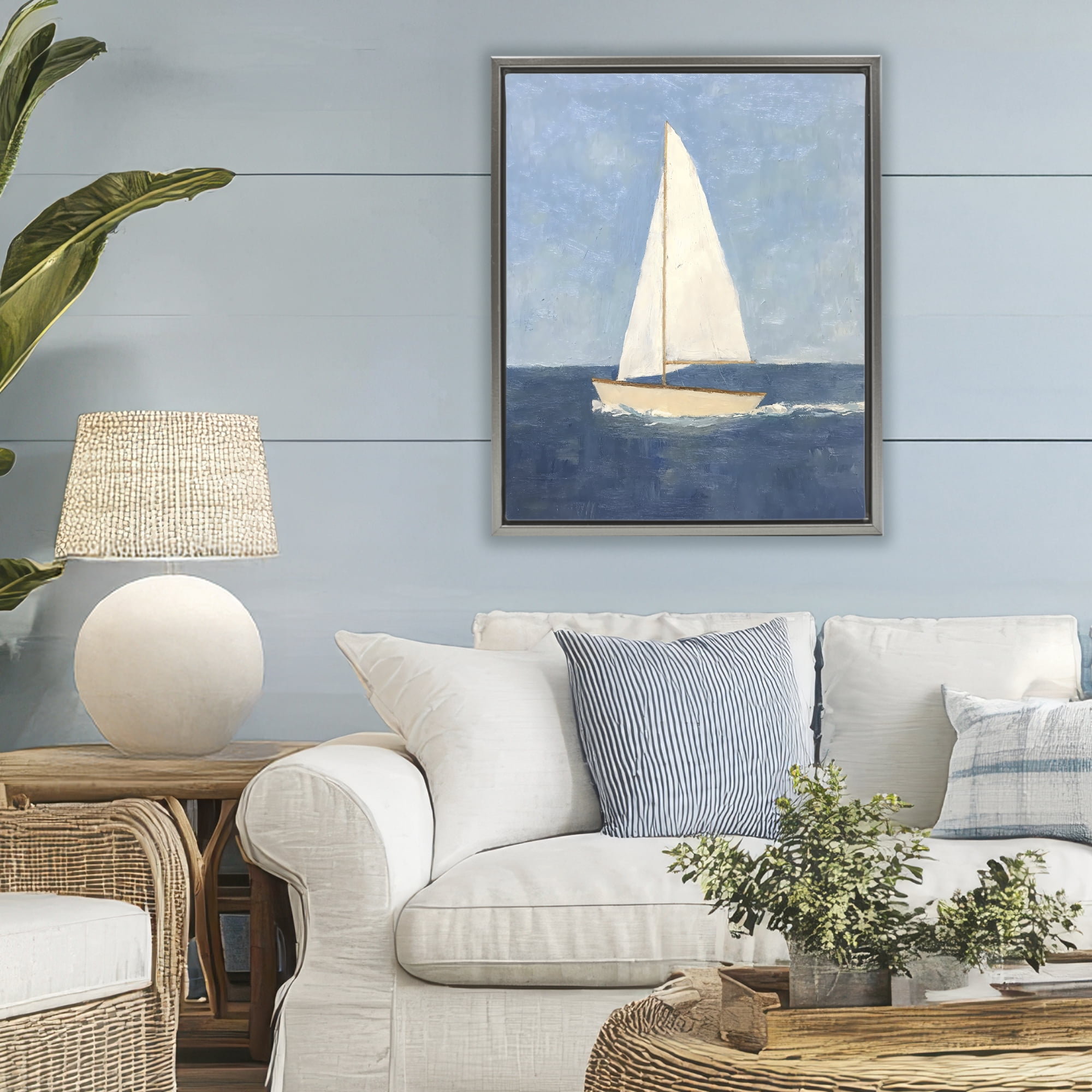 Stupell Industries Deep Blue Sail at Sea Gray Framed Floater Canvas Wall Art, design by Creative Studio