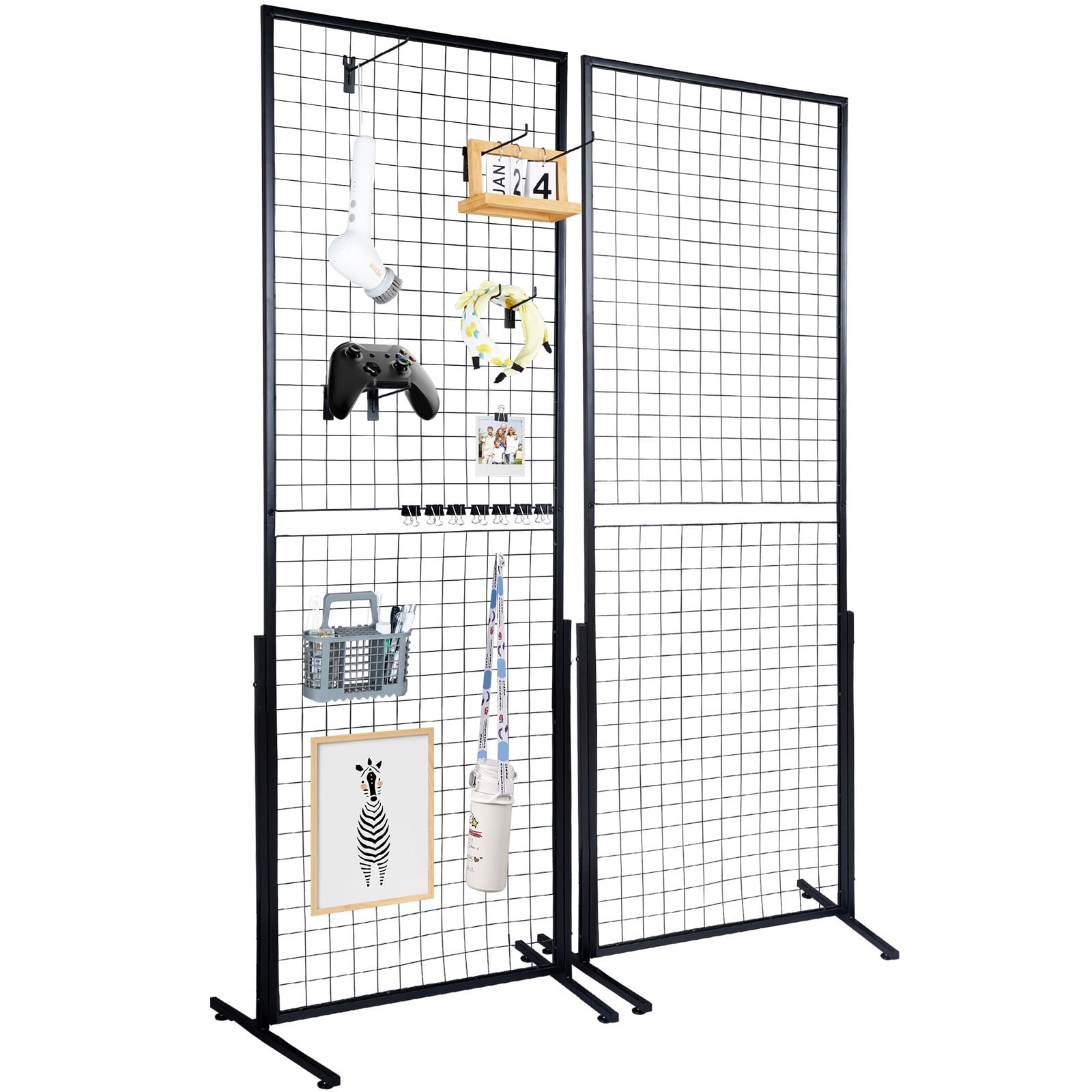 KFFKFF 24" x 67" Dual Grid Wall Panels Set, Includes 2 Wire Display Racks with Stable T-Base, Freestanding Double-Sided Gridwall for Exhibits, Retail Use, Comes with Additional Clips & Hooks