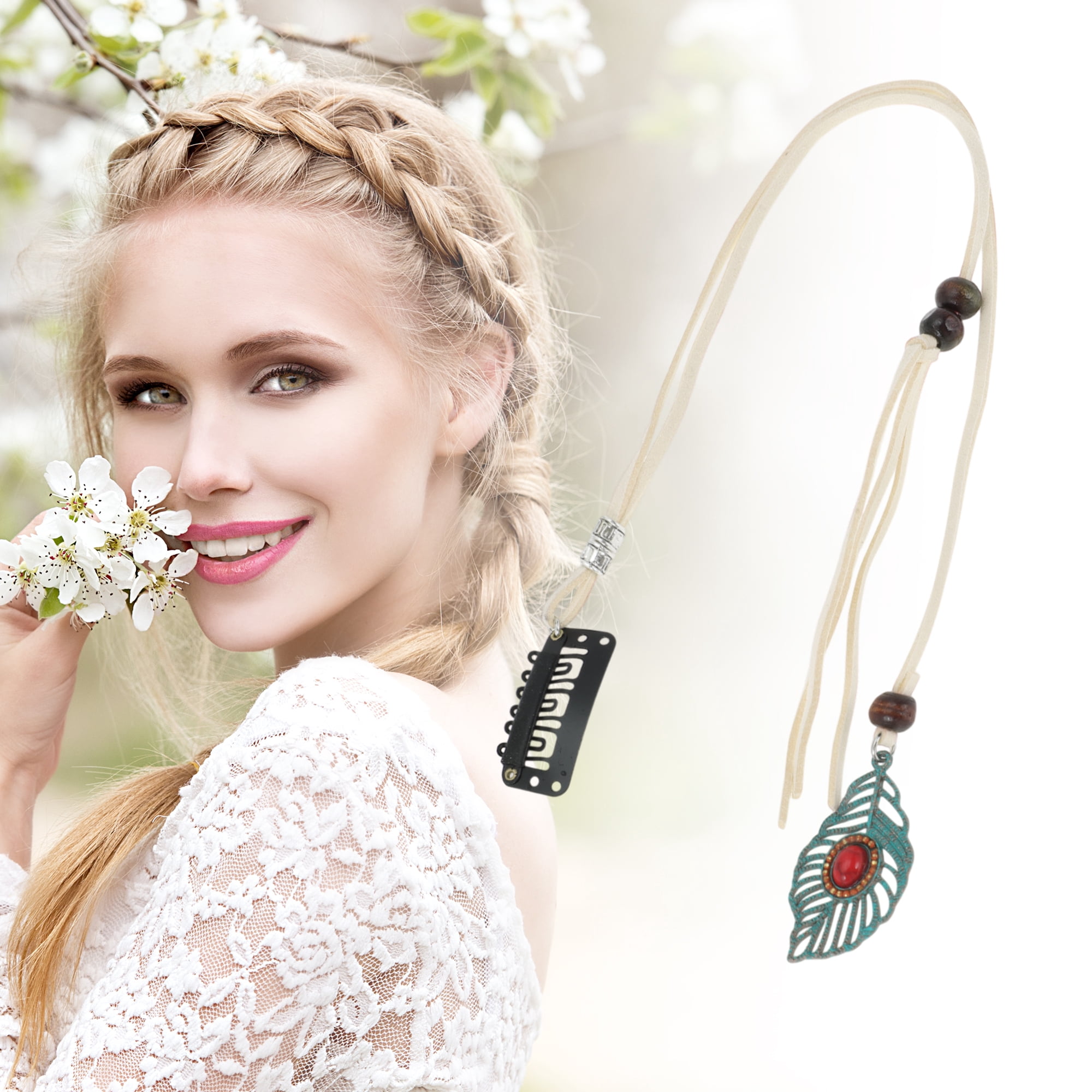 Unique Bargains Elegant Leaf Braided Hair Chain 1Pc Stylish Accessory Beige 19.69"