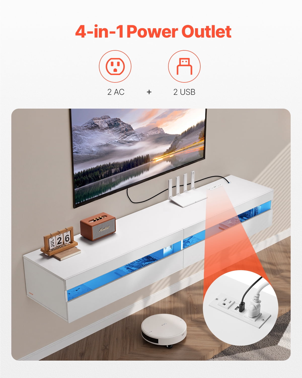 VEVOR Floating TV Stand, 71 in Wall Mount Entertainment Center with Power Outlet & LED Lights, Modern Floating TV Shelf with 2 Drawers & Storage Cabinet for DVD Player, Cable Box,Game Console,White