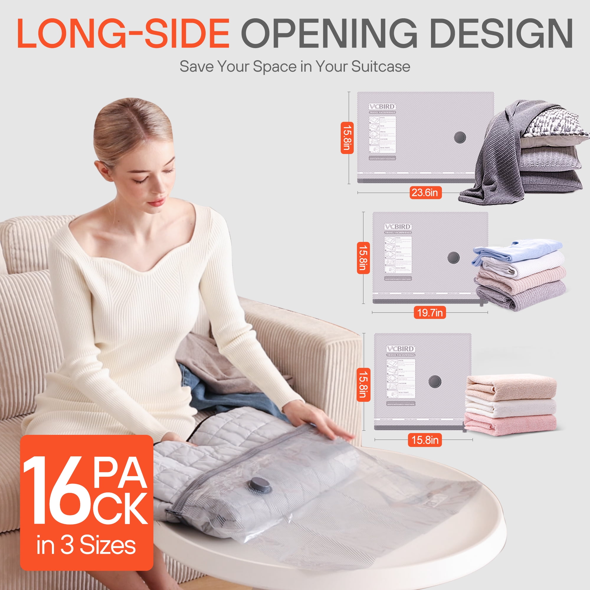 Vacbird 16 Pack Travel Vacuum Storage Bags for Luggage, Vacuum Packing Seal Bags for Clothing, Carry-on Size Space Saver Compression for Clothes Travel(No Pump)