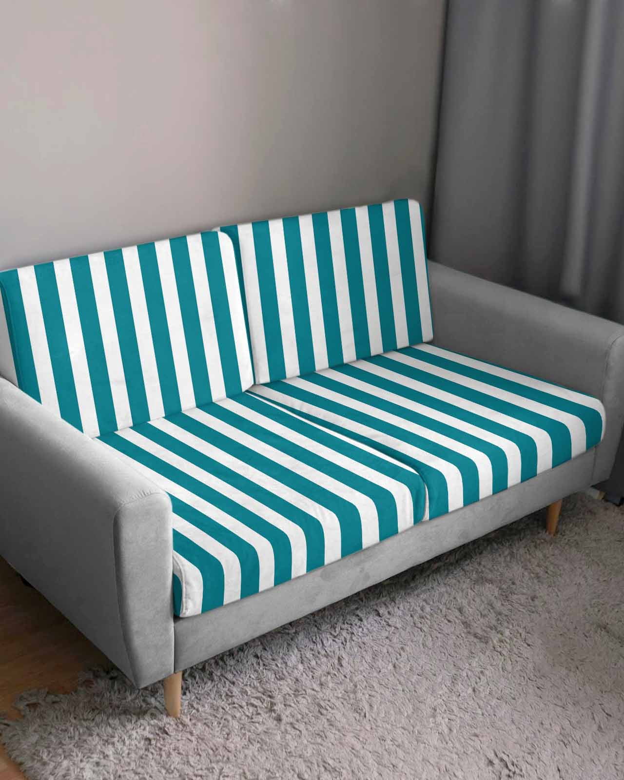 Teal Striped Couch Cushion Covers,Stretch Seat Cushion Covers for Sectional Sofa,Simple Art Vertical Stripe Farmhouse Individual Sofa&nbsp;Slipcovers Furniture Protector with Elastic&Straps 1Pcs,S