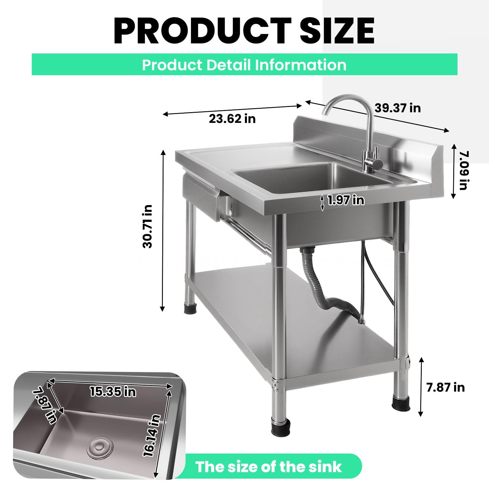 Stainless Steel Utility Sink, 40 Inch Free Standing Single Bowl Kitchen Sink with Drawer & Cold and Hot Water Pipe, Freestanding Single Bowl Laundry Sink for Outdoor & Workshop