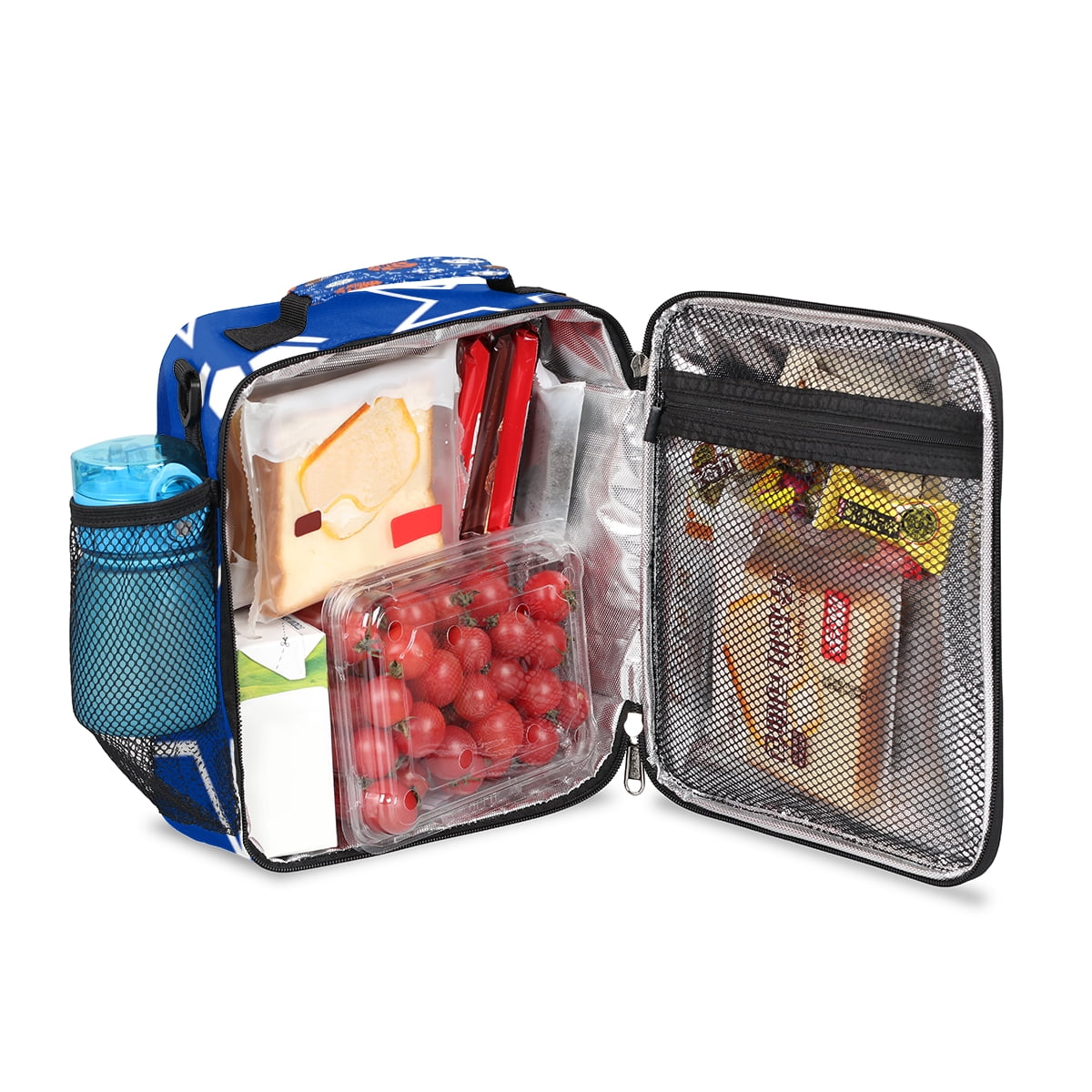 All - Star Multi - Sport Insulated Lunch Bag – Basketball, Football, Soccer & Baseball Prints, Adjustable Shoulder Strap with Soft Pad, Double Zippers, Side Mesh Pocket – Ideal for School Lunches